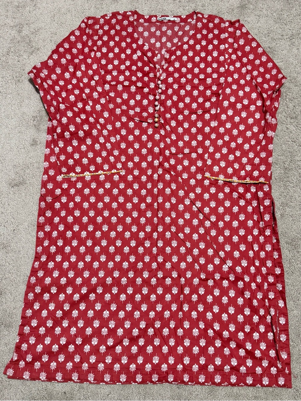 Khaadi Self Printed Casual Wear Long Sleeve Kurta Tunic Top Size 16 Red/White